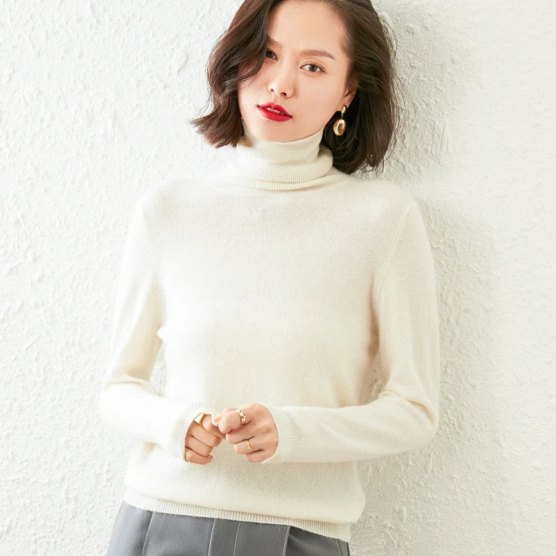 Autumn Winter 100% Cashmere Pullover Turtleneck Solid Sweater Casual Women Shirt Long Sleeve Loose Knitted Jumper 17Colors