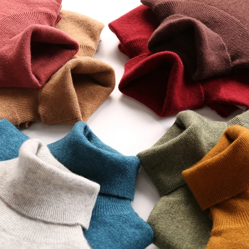 Autumn Winter 100% Cashmere Pullover Turtleneck Solid Sweater Casual Women Shirt Long Sleeve Loose Knitted Jumper 17Colors