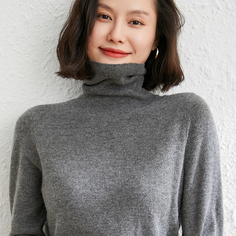 Autumn Winter 100% Cashmere Pullover Turtleneck Solid Sweater Casual Women Shirt Long Sleeve Loose Knitted Jumper 17Colors