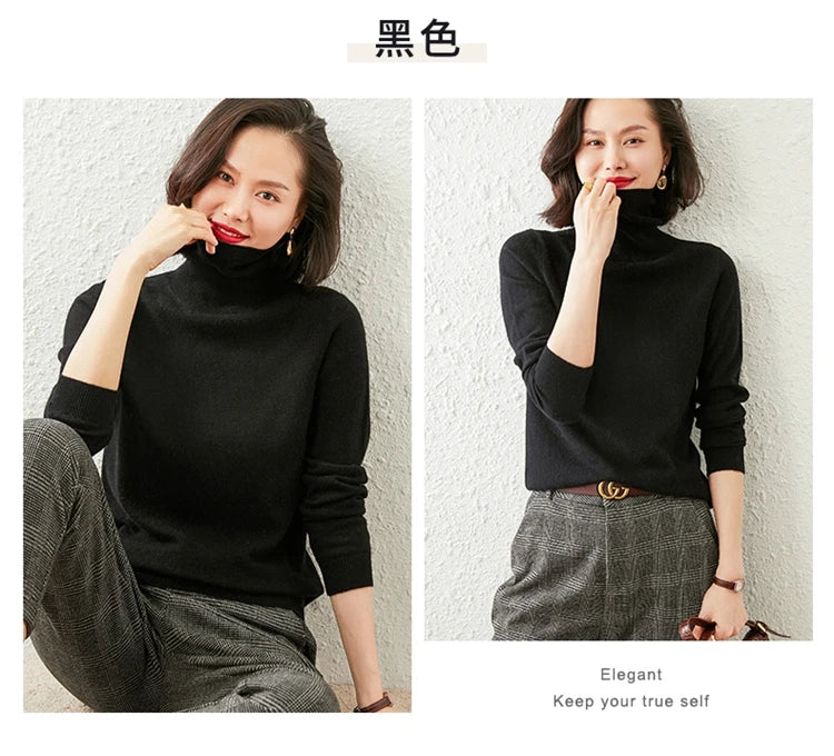 Autumn Winter 100% Cashmere Pullover Turtleneck Solid Sweater Casual Women Shirt Long Sleeve Loose Knitted Jumper 17Colors