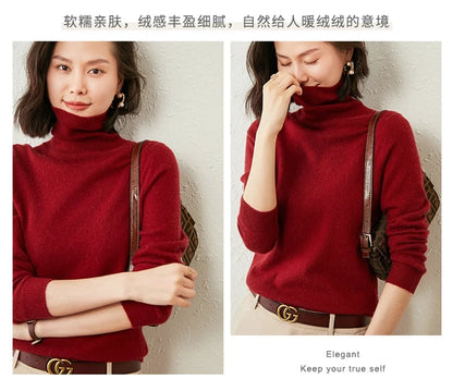 Autumn Winter 100% Cashmere Pullover Turtleneck Solid Sweater Casual Women Shirt Long Sleeve Loose Knitted Jumper 17Colors