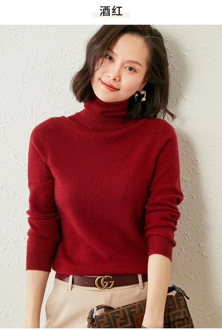 Autumn Winter 100% Cashmere Pullover Turtleneck Solid Sweater Casual Women Shirt Long Sleeve Loose Knitted Jumper 17Colors