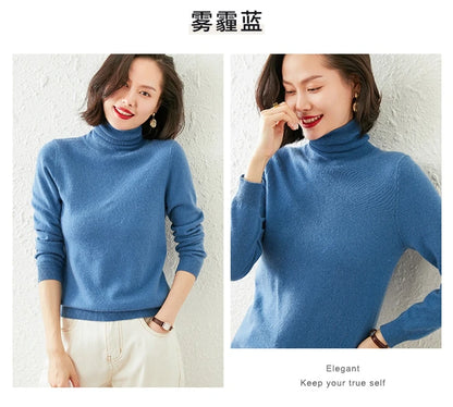 Autumn Winter 100% Cashmere Pullover Turtleneck Solid Sweater Casual Women Shirt Long Sleeve Loose Knitted Jumper 17Colors