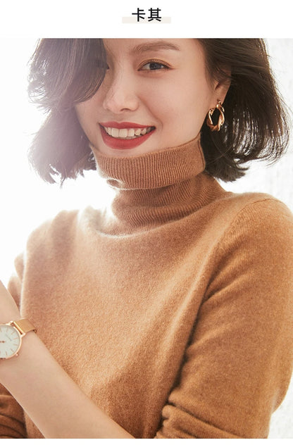 Autumn Winter 100% Cashmere Pullover Turtleneck Solid Sweater Casual Women Shirt Long Sleeve Loose Knitted Jumper 17Colors
