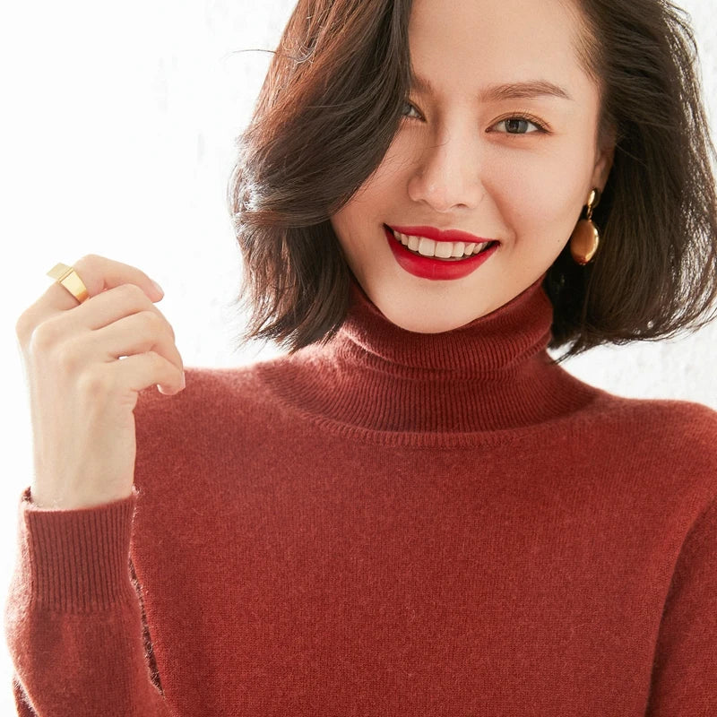 Autumn Winter 100% Cashmere Pullover Turtleneck Solid Sweater Casual Women Shirt Long Sleeve Loose Knitted Jumper 17Colors