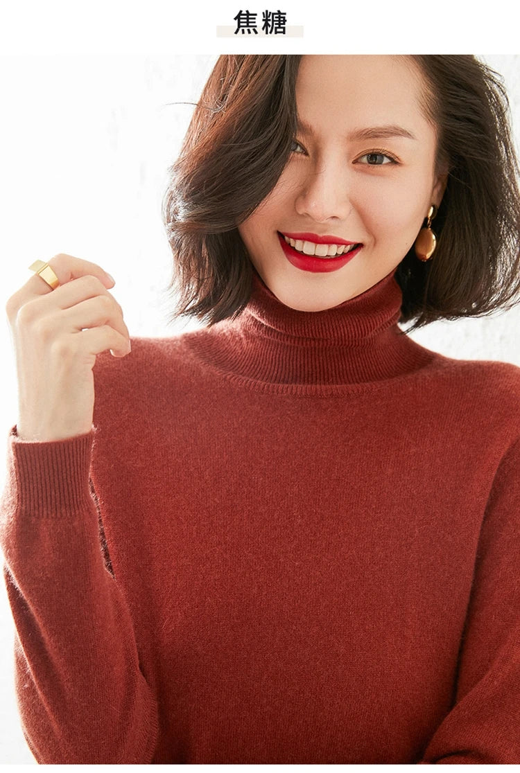 Autumn Winter 100% Cashmere Pullover Turtleneck Solid Sweater Casual Women Shirt Long Sleeve Loose Knitted Jumper 17Colors