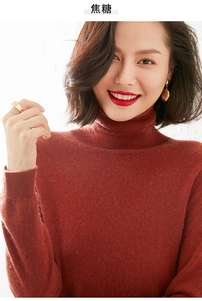 Autumn Winter 100% Cashmere Pullover Turtleneck Solid Sweater Casual Women Shirt Long Sleeve Loose Knitted Jumper 17Colors