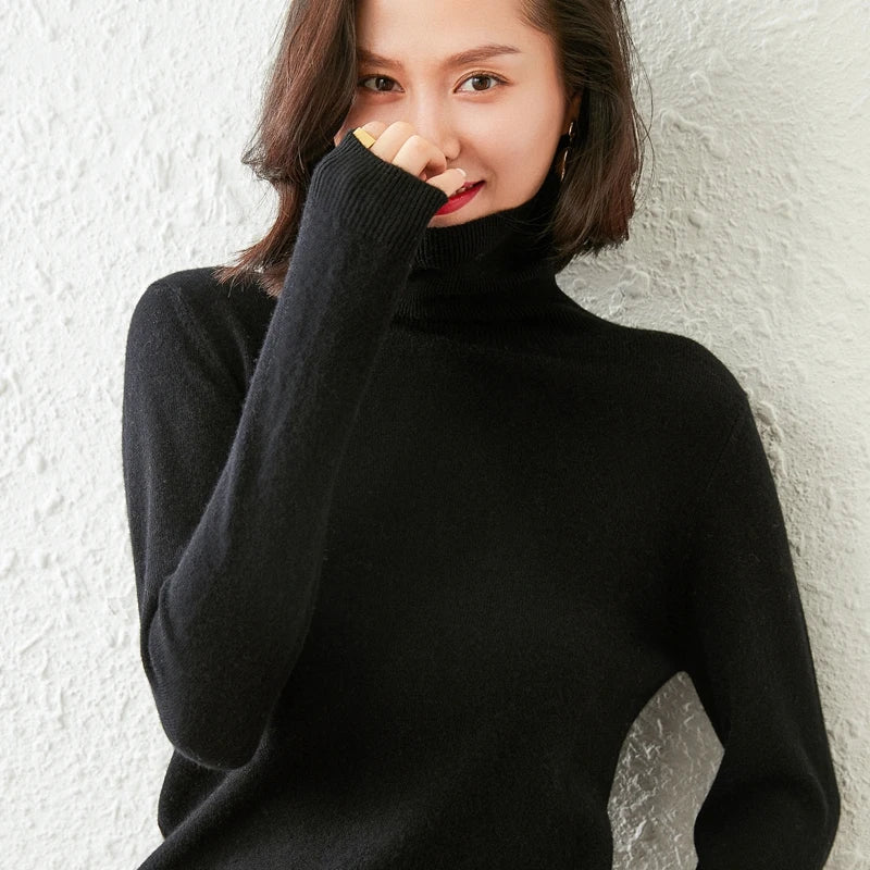 Autumn Winter 100% Cashmere Pullover Turtleneck Solid Sweater Casual Women Shirt Long Sleeve Loose Knitted Jumper 17Colors