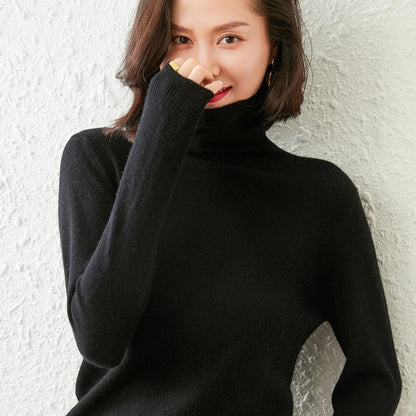 Autumn Winter 100% Cashmere Pullover Turtleneck Solid Sweater Casual Women Shirt Long Sleeve Loose Knitted Jumper 17Colors