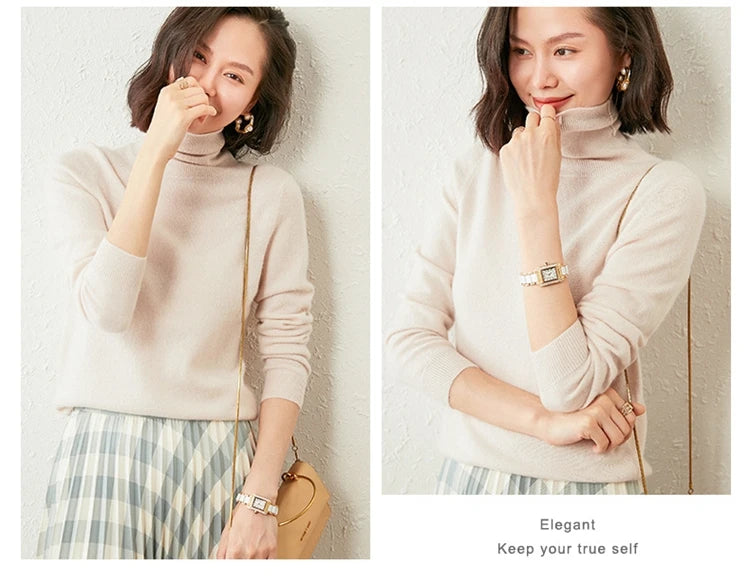 Autumn Winter 100% Cashmere Pullover Turtleneck Solid Sweater Casual Women Shirt Long Sleeve Loose Knitted Jumper 17Colors
