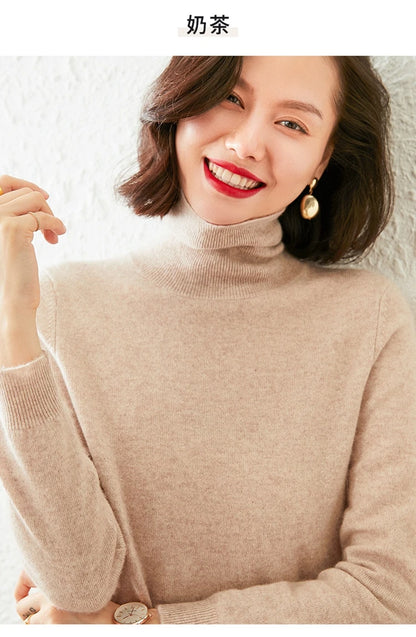 Autumn Winter 100% Cashmere Pullover Turtleneck Solid Sweater Casual Women Shirt Long Sleeve Loose Knitted Jumper 17Colors