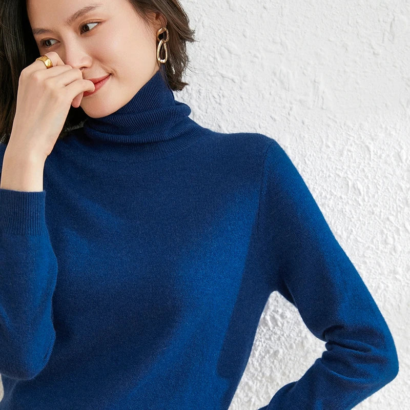 Autumn Winter 100% Cashmere Pullover Turtleneck Solid Sweater Casual Women Shirt Long Sleeve Loose Knitted Jumper 17Colors