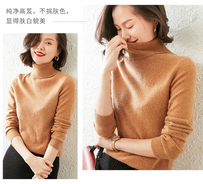 Autumn Winter 100% Cashmere Pullover Turtleneck Solid Sweater Casual Women Shirt Long Sleeve Loose Knitted Jumper 17Colors