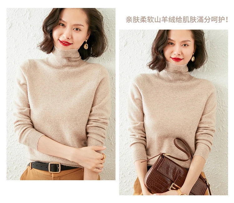 Autumn Winter 100% Cashmere Pullover Turtleneck Solid Sweater Casual Women Shirt Long Sleeve Loose Knitted Jumper 17Colors