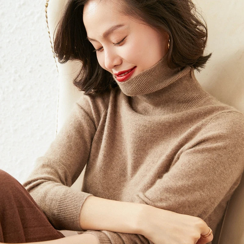 Autumn Winter 100% Cashmere Pullover Turtleneck Solid Sweater Casual Women Shirt Long Sleeve Loose Knitted Jumper 17Colors