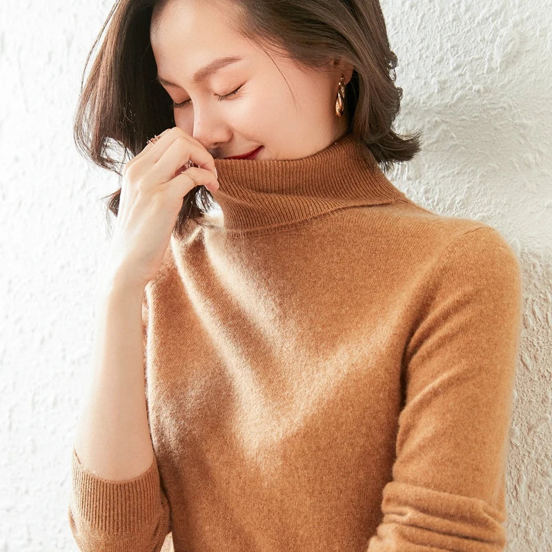 Autumn Winter 100% Cashmere Pullover Turtleneck Solid Sweater Casual Women Shirt Long Sleeve Loose Knitted Jumper 17Colors