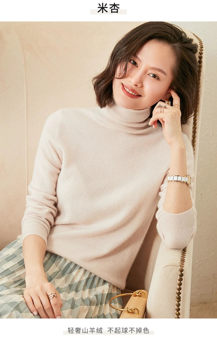 Autumn Winter 100% Cashmere Pullover Turtleneck Solid Sweater Casual Women Shirt Long Sleeve Loose Knitted Jumper 17Colors