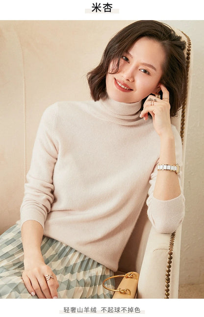 Autumn Winter 100% Cashmere Pullover Turtleneck Solid Sweater Casual Women Shirt Long Sleeve Loose Knitted Jumper 17Colors