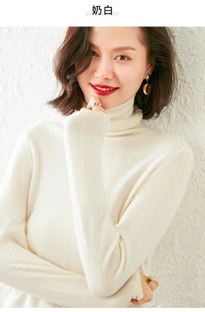 Autumn Winter 100% Cashmere Pullover Turtleneck Solid Sweater Casual Women Shirt Long Sleeve Loose Knitted Jumper 17Colors