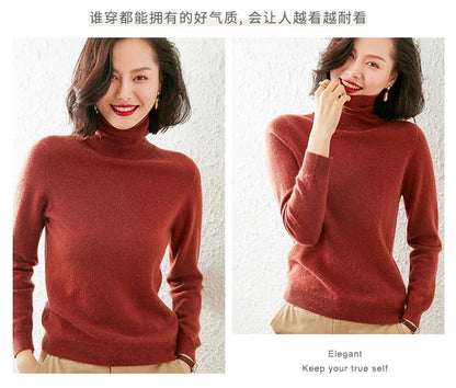 Autumn Winter 100% Cashmere Pullover Turtleneck Solid Sweater Casual Women Shirt Long Sleeve Loose Knitted Jumper 17Colors