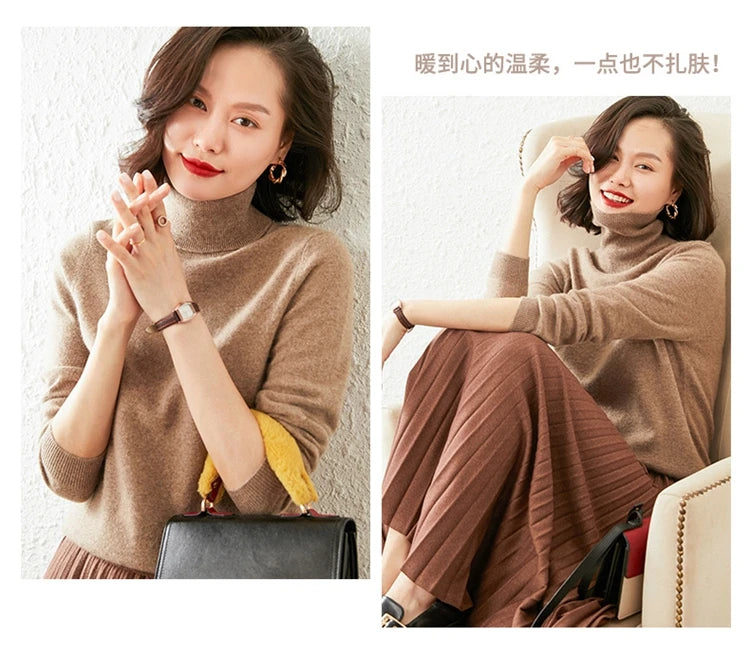 Autumn Winter 100% Cashmere Pullover Turtleneck Solid Sweater Casual Women Shirt Long Sleeve Loose Knitted Jumper 17Colors