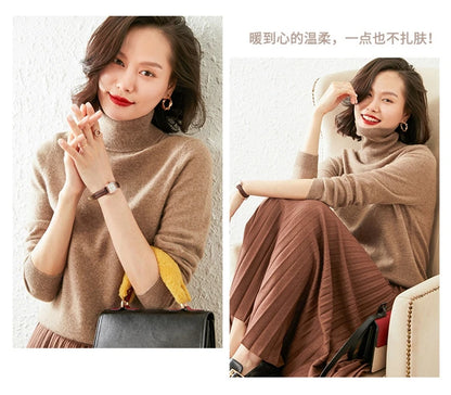 Autumn Winter 100% Cashmere Pullover Turtleneck Solid Sweater Casual Women Shirt Long Sleeve Loose Knitted Jumper 17Colors