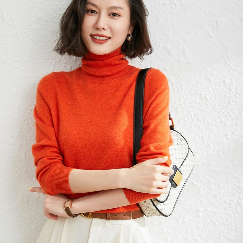Autumn Winter 100% Cashmere Pullover Turtleneck Solid Sweater Casual Women Shirt Long Sleeve Loose Knitted Jumper 17Colors