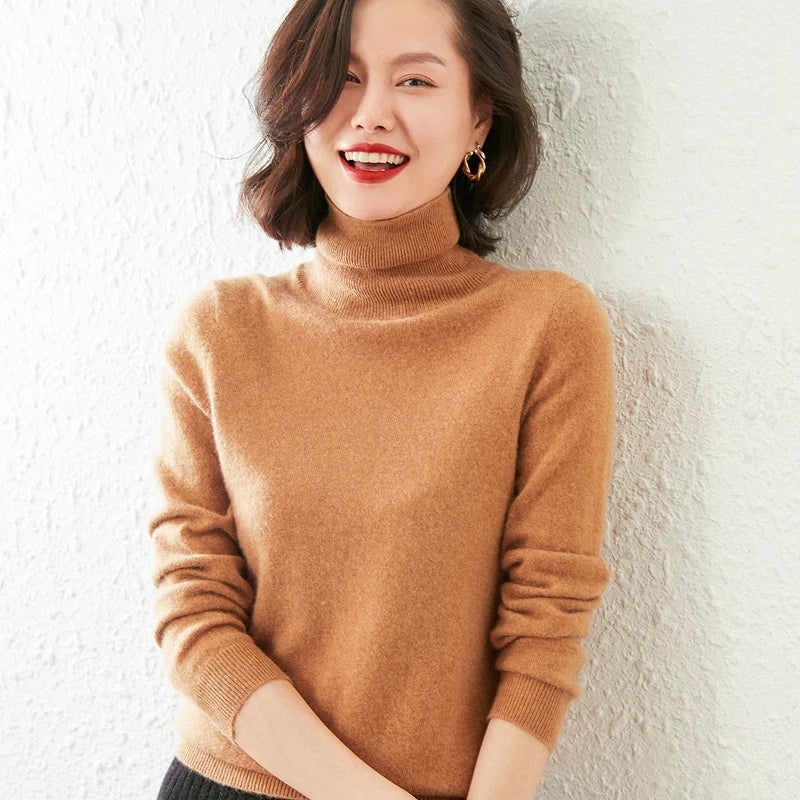 Autumn Winter 100% Cashmere Pullover Turtleneck Solid Sweater Casual Women Shirt Long Sleeve Loose Knitted Jumper 17Colors