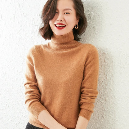 Autumn Winter 100% Cashmere Pullover Turtleneck Solid Sweater Casual Women Shirt Long Sleeve Loose Knitted Jumper 17Colors