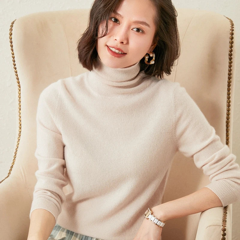 Autumn Winter 100% Cashmere Pullover Turtleneck Solid Sweater Casual Women Shirt Long Sleeve Loose Knitted Jumper 17Colors