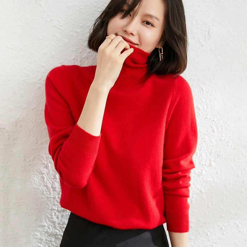 Autumn Winter 100% Cashmere Pullover Turtleneck Solid Sweater Casual Women Shirt Long Sleeve Loose Knitted Jumper 17Colors