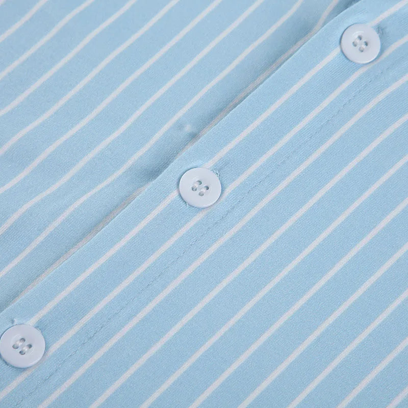 Classic Blue Striped Shirts Women Summer Shorts Sleeve Button Up Basic Shirt Mujer Y2K Aesthetic Retro Slim Fit Lapel Blouse