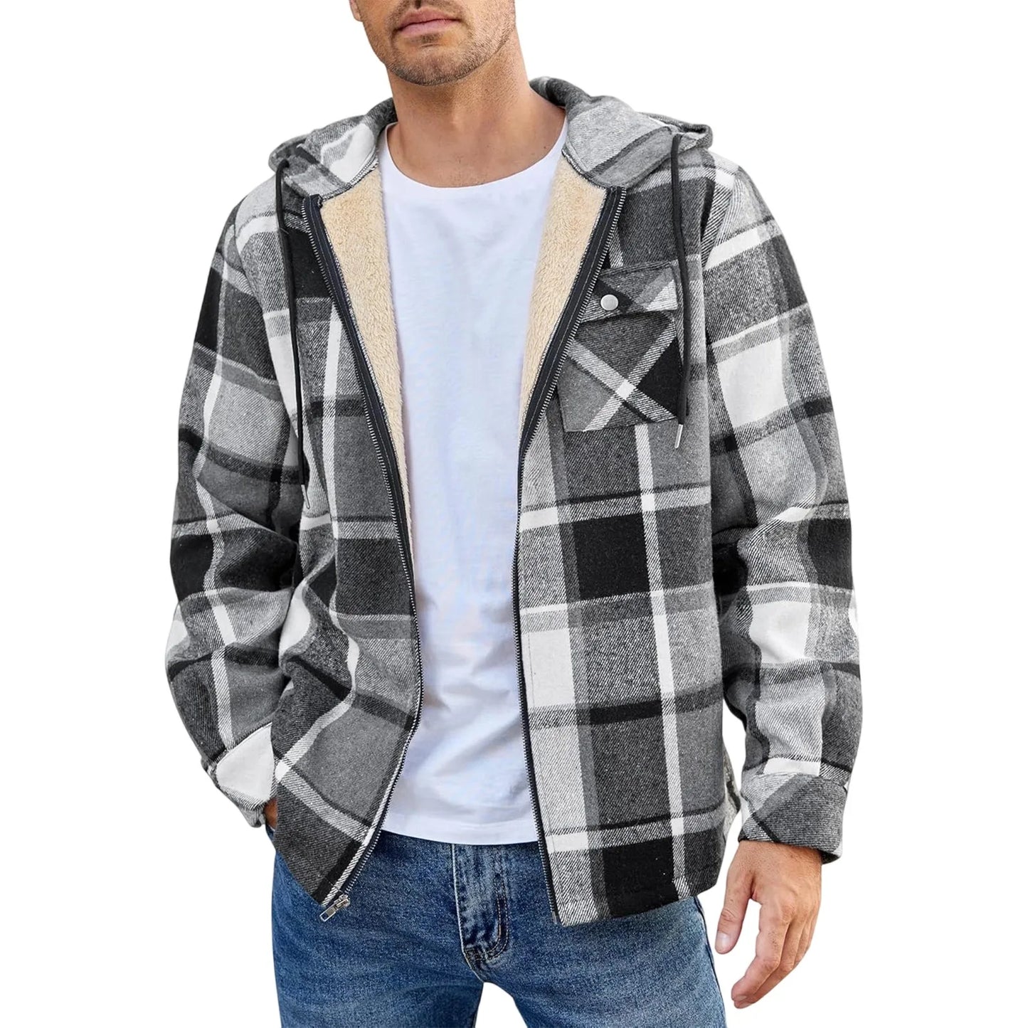 Men's Shirt Plaid Retro Warm Top Winter Fashion Men's Clothing Classic Style Zipper Jacket Thickened Fleece Lined Hooded