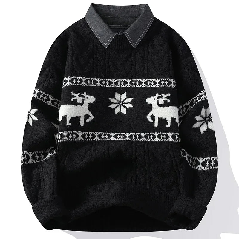 Christmas Clothing Men Sweaters Reindeer Pattern Long Sleeve Polo Neck Xmas Holiday Loose Knitwear Sweater Man Jumper Pullover