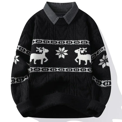 Christmas Clothing Men Sweaters Reindeer Pattern Long Sleeve Polo Neck Xmas Holiday Loose Knitwear Sweater Man Jumper Pullover