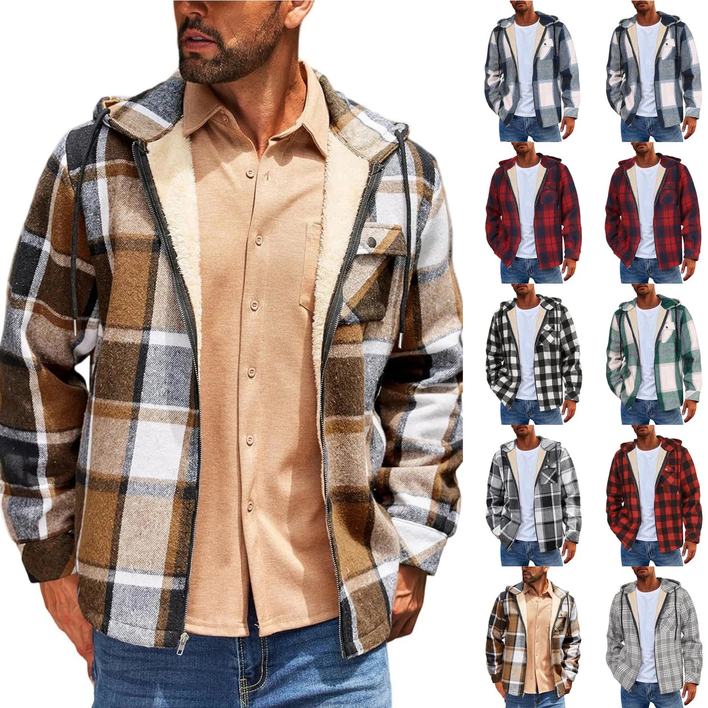 Men's Shirt Plaid Retro Warm Top Winter Fashion Men's Clothing Classic Style Zipper Jacket Thickened Fleece Lined Hooded