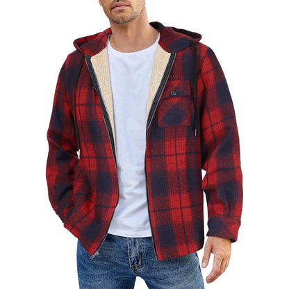 Men's Shirt Plaid Retro Warm Top Winter Fashion Men's Clothing Classic Style Zipper Jacket Thickened Fleece Lined Hooded