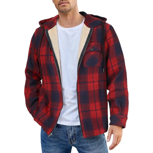 Men's Shirt Plaid Retro Warm Top Winter Fashion Men's Clothing Classic Style Zipper Jacket Thickened Fleece Lined Hooded
