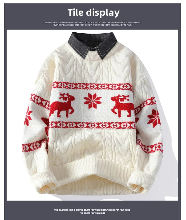 Christmas Clothing Men Sweaters Reindeer Pattern Long Sleeve Polo Neck Xmas Holiday Loose Knitwear Sweater Man Jumper Pullover