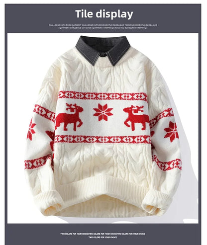Christmas Clothing Men Sweaters Reindeer Pattern Long Sleeve Polo Neck Xmas Holiday Loose Knitwear Sweater Man Jumper Pullover