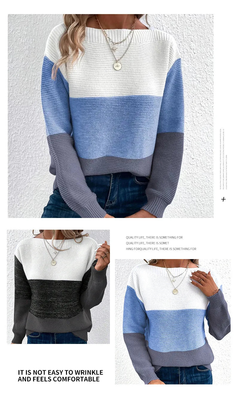 New Autumn Winter Knitted Sweater Women's Foreign Trade Color Blocking Splicing Round Neck Long Sleeved Pullover Top