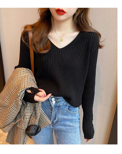 Autumn Winter Women Sweaters Long Sleeve Knitted V Neck Button Pullover Sweater Femme Basic Solid Jersey Tops Fashion Clothes