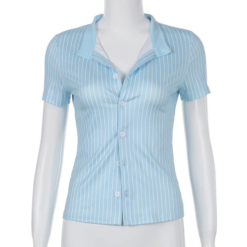 Classic Blue Striped Shirts Women Summer Shorts Sleeve Button Up Basic Shirt Mujer Y2K Aesthetic Retro Slim Fit Lapel Blouse
