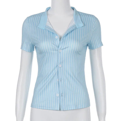Classic Blue Striped Shirts Women Summer Shorts Sleeve Button Up Basic Shirt Mujer Y2K Aesthetic Retro Slim Fit Lapel Blouse
