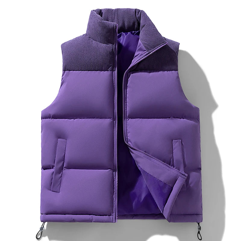 Winter Unisex Puffer Vest Thickened Warm Corduroy Windproof Outdoor Sleeveless Stand Collar Fashion Casual Cotton-Padded Coat