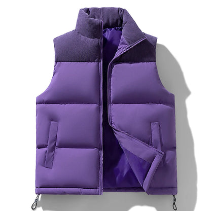 Winter Unisex Puffer Vest Thickened Warm Corduroy Windproof Outdoor Sleeveless Stand Collar Fashion Casual Cotton-Padded Coat