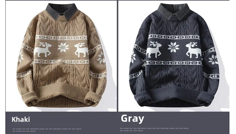 Christmas Clothing Men Sweaters Reindeer Pattern Long Sleeve Polo Neck Xmas Holiday Loose Knitwear Sweater Man Jumper Pullover