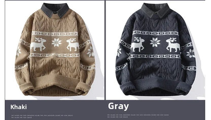 Christmas Clothing Men Sweaters Reindeer Pattern Long Sleeve Polo Neck Xmas Holiday Loose Knitwear Sweater Man Jumper Pullover