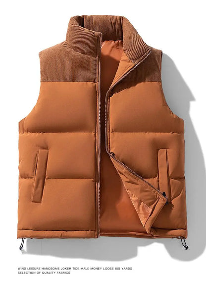 Winter Unisex Puffer Vest Thickened Warm Corduroy Windproof Outdoor Sleeveless Stand Collar Fashion Casual Cotton-Padded Coat