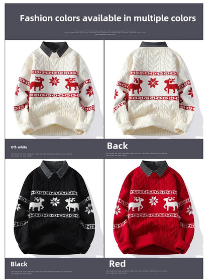 Christmas Clothing Men Sweaters Reindeer Pattern Long Sleeve Polo Neck Xmas Holiday Loose Knitwear Sweater Man Jumper Pullover